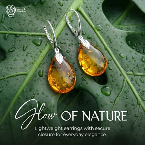 Leverback Dangle Earrings for Women – Gold-Plated 925 Silver Drop Earrings with Natural Yellow Baltic Amber Piece, Lightweight Jewelry with Secure Closure for Everyday Elegance - color: Silver Teardrop