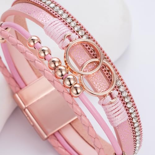 FANCY SHINY Boho Leather Wrap Bracelet Stackable Infinity Chunky Cuff Bracelets Western Hippie Outfits Jewelry Valentine Gifts for Women - color: Pink