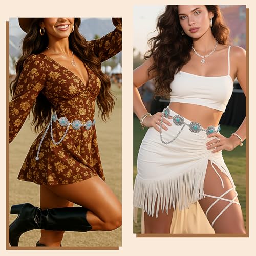 XZQTIVE Women Boho Chain Belts For Dresses Jeans Western Cowgirl Waist Links Belt Adjustable Metal Concho Belt - color: Green Turquoise Silver, size: Fit Waist up to 46 In