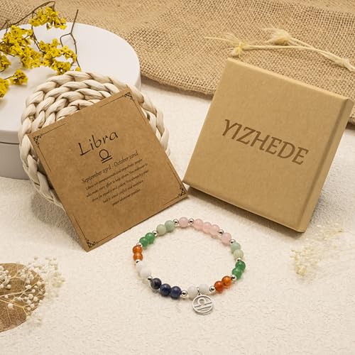 Zodiac Natural Stone Bracelet – Handmade Crystal Healing Bracelet with Zodiac Charm – Adjustable Beaded Jewelry Gift for Women Men Girls - color: Libra