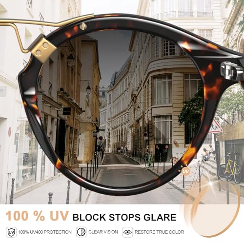CARFIA Double Bridge Small Acetate Sunglasses for Women Polarized, Retro Metal Brow Ladies Sunnies Fashion Round Eyewears - color: 4. Yellow Tortoise Frame Gradient Grey Lens