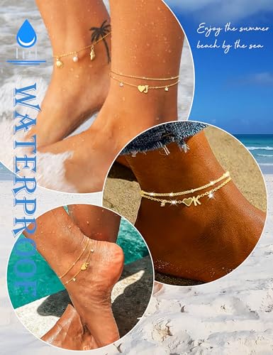 Silver Ankle Bracelets For Women 14k Gold Plated Initial Anklets For Women Waterproof Non Tarnish Dainty Layered CZ Letter A-Z Heart Charm Anklet Set Summer Beach Foot Chain Jewelry Gift - color: Gold