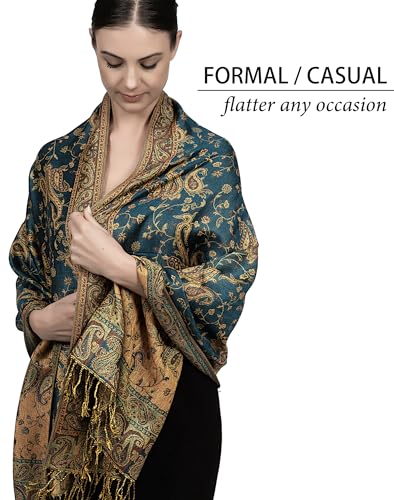 Achillea Reversible Paisley Pashmina Rave Scarf – Exotic Indian Shawls and Wraps for Evening Dresses, Festivals, All Seasons - color: Dark Seagreen