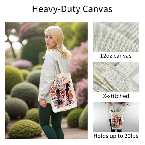 itgowisa Canvas Tote Bag for Women, Tote Bag with Zipper Inner Pocket, Zippered Canvas Bag for Shopping Work Grocery Everyday - style: Flowers