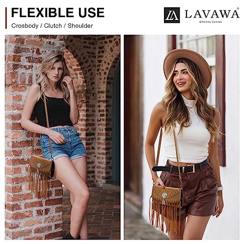 LAVAWA Small Crossbody Bags for Women Crossbody Handbag Fringe Purse Tassel Shoulder Bag Turquoise Concho Wallet - color: Western Brown