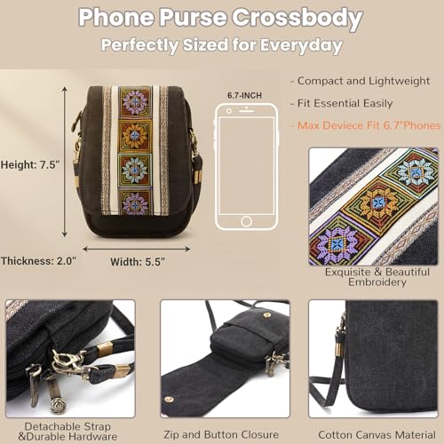 Goodhan Embroidery Canvas Crossbody Bag Cell phone Pouch Coin Purse for Women - color: Deep Grey