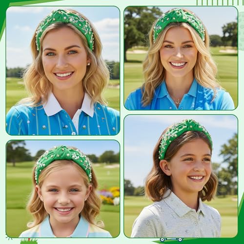 PANTIDE Golf Jeweled Knotted Headband - Golf Club Ball Pearl Rhinestone Embellished Headband Non Slip Wide Top Knot Costume Hairband Hair Accessories Sport Party Birthday Gift for Women Girls (Green) - color: Green Golf