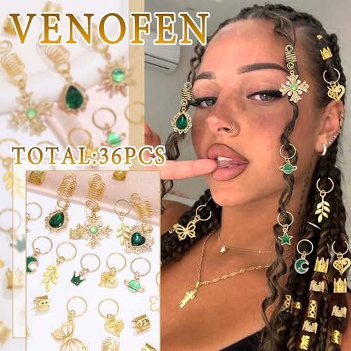 36PCS Hair Jewelry Green Crystal Loc Charms Butterfly Braids Clips Heart Dreadlock Hair Pendant Gold Hair Cuffs Rings Metal Braids Accessories - color: Green