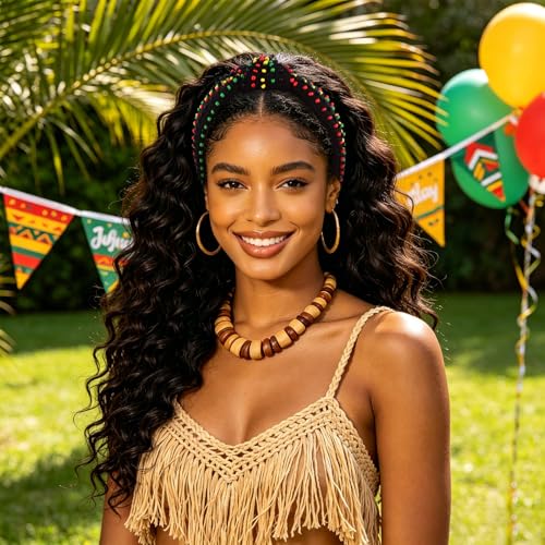 YISSION Juneteenth Beaded Knotted Headband for Women Girls - Red Green Yellow Black Rasta Colors Wide Turban Headband, Top Knot Fashion Hair Accessories for Holiday Party Everyday Wear - color: Red,Black,Green,Yellow