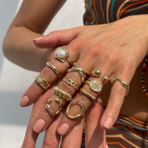 Gold Rings for Women Non Tarnish Stackable Rhinestone Moon Star Rings Dainty Stacking Pearl Butterfly Midi Pinky Thumb Joint Finger Knuckle Ring Set Gold Non Tarnish Jewelry Gifts Trendy Stuff - color: G Chunky Gold Rings 12Pcs