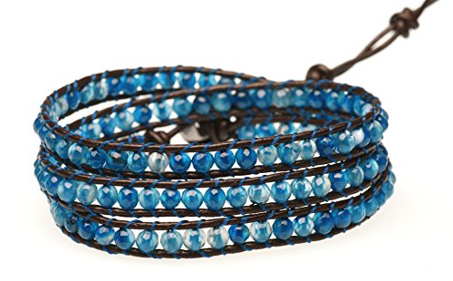 3 Wrap Genuine Leather Bracelet Gemstone Bead - color: Blue Star Agate