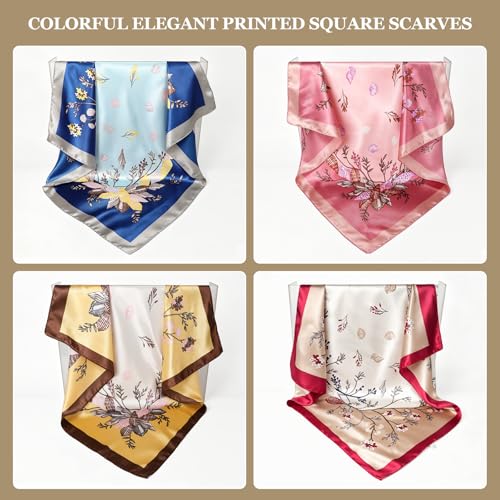 DRESHOW 35” Large Square Satin Head Scarf - 4Pcs Silk Accessories Classic Patterned Squares Beach Bandanas for Women - color: 4 Pcs Printed: Dusty Pink, Khaki, Navy Blue, Yellow