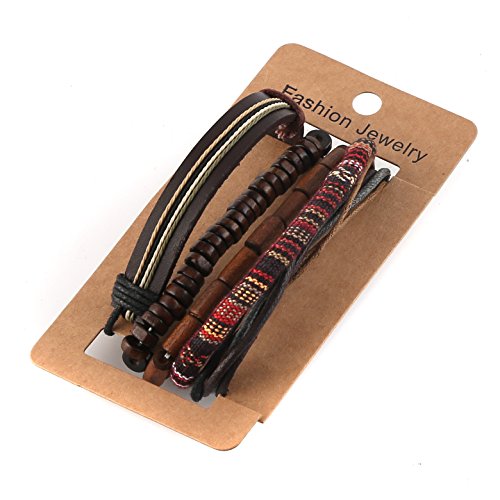 HZMAN Wrap Bracelets Men Women, Hemp Cords Wood Beads Ethnic Tribal Bracelets, Leather Wristbands - style: Classic Style