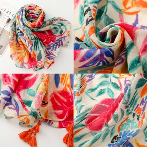WaJuemy Travel Boho Scarf for Women Casual Lightweight Pashmina Scarves Fashion Multicolor Shawl Wraps with Fringed Beads - color: 05 Beige Floral