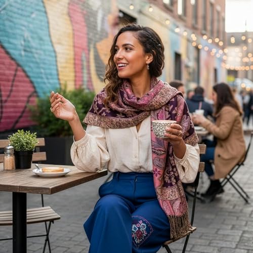 Achillea Elegant Paisley Floral Pashmina Shawl and Wrap – Boho Rave Scarf for Festival, Travel & Everyday Wear - color: Black Rose Pink