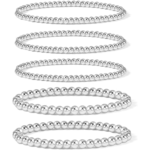7PCS Layered Beaded Bracelets Set for Women Trendy Stretch Elastic Round Ball Beads Bangles Boho Chunky Gold Stackable Bracelets Dainty Jewelry for Gifts - color: Silver 5PCS