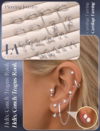 LOLIAS 16G/18G/20G Flat Back Earrings for Women Threadless Surgical Steel Stud Hoop Earrings Push in Nose Studs Hypoallergenic CZ Cartilage Earring Set Labret Helix Tragus Conch Piercing Jewelry - color: Silver, size: 20G(0.8MM)-CZ