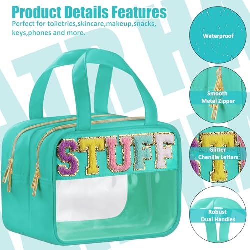 BuyCard Chenille Letter Clear Makeup Bags, Stuff Bag for Travel, Preppy Patch Nylon Cosmetic Bag with Handles and Zipper, Waterproof Large Clear Travel Toiletry Bag Storage Bag for Women - color: Green-Stuff