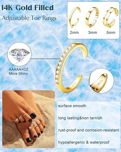 Besteel Toe Rings for Women 14K Gold Filled Simple Hug CZ Triple Open Band Rings Trendy Silver Plated Adjustable Toe Rings Summer Beach Foot Jewelry for Women - color: 14k gold plated