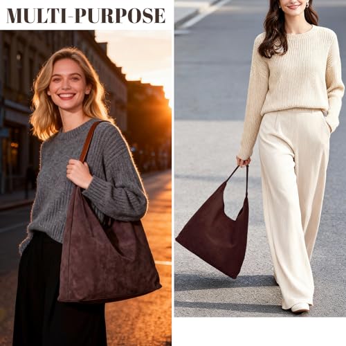 Suede Hobo Bags for Women Trendy Suede Shoulder Bag Slouchy Tote Handbag Suede Purse for Work Everyday | Suede Hobo Bags - color: Coffee