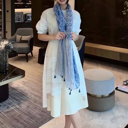 WaJuemy Travel Boho Scarf for Women Casual Lightweight Pashmina Scarves Fashion Multicolor Shawl Wraps with Fringed Beads - color: 01 Navyblue