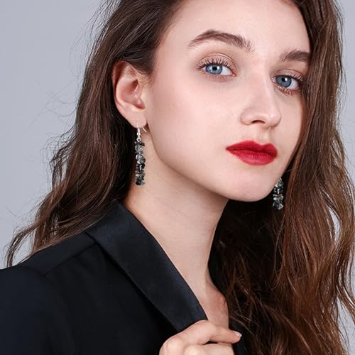 Handmade Bohemian Vintage Silver Nature Stone Beads Long Dangle Drop Earrings for Women - color: Grey