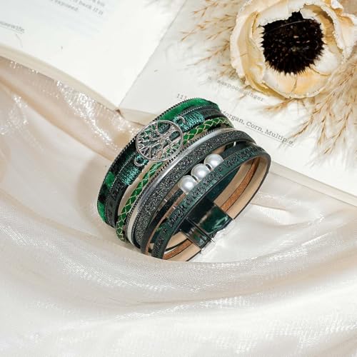Leather Wrap Bracelet for Women, Boho Cuff Bracelet with Strong Clasp, Multi-Layer Crystal Leather Bracelet for Valentine Mother's Day - color: 02-Tree of Life-Green