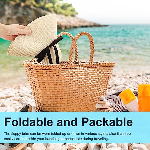 DRESHOW Beach Hats for Women Big Straw Wide Brim Summer Hat Floppy Foldable Roll up Cap Sun Hat UPF 50+ - color: Ada Beige 5.9" Brim, 1 Pack