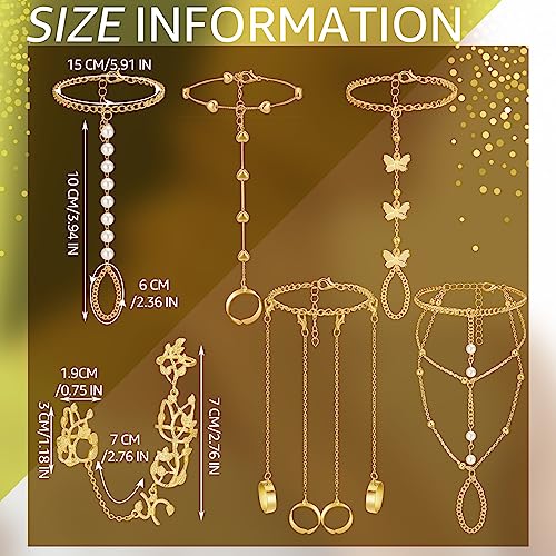 Fumete 6 pcs Finger Ring Bracelet Linked Rhinestone Hand Harness Chain Slave Bracelet with Ring Everyday Jewelry for Women - color: Gold, style: Delicate