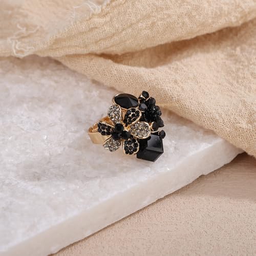 Jumwrit Shiny Crystal Flower Ring Statement Adjustable Open Band Wrap Finger Ring Square Rhinestone Floral Cocktail Ring Party Bridal Wedding Jewelry Vintage Boho Knuckle Ring for Women - color: Black