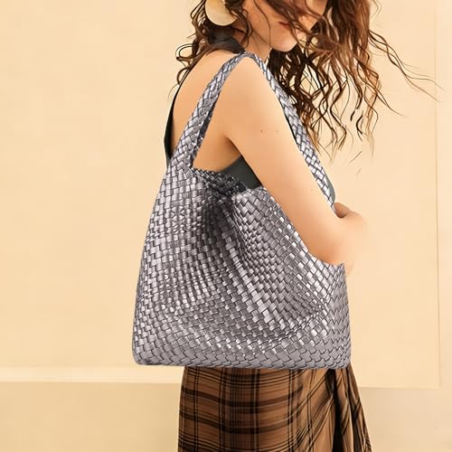 Woven Tote Bag For Women, Large Vegan Leather Travel Handbag, Casual Work Shoulder Bag, Underarm Commuter Hobo Bag With Purse - color: Silver