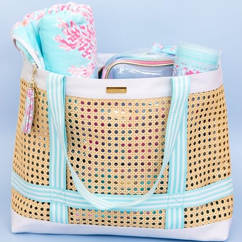 Lilly Pulitzer Travel Tote Bag with Hat Holder Strap, Caning Beach Bag with Tassel Keychain - color: Beachside Haven