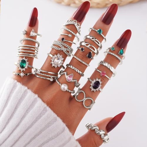 Vintage Gold Knuckle Rings Set for Women Sparkling Colorful Crystal Gemstone Rings Boho Stackable Open Ring Set Fashion Jewelry Accessary - color: Silver
