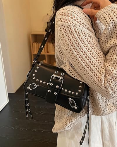 Y2K Trendy Purse for Women, Leather Buckle Punk Hobo Clutch Purses Bags for Ladies Top Handle Shoulder Bag - color: Black Silver