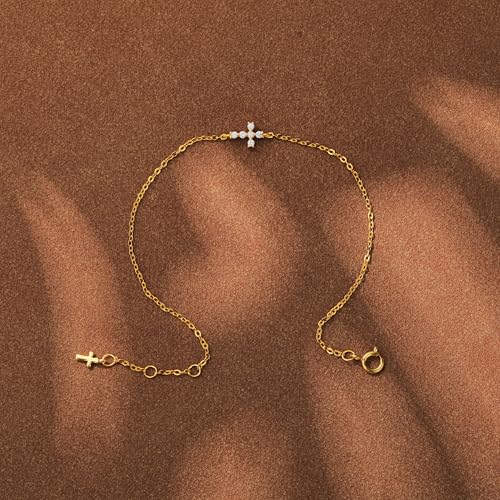 Double Cross Bracelet for Women 925 Sterling Silver Dainty 14K Gold Plated Cubic Zirconia Bracelet Faith Christian Bracelets Adjustable Chain Religious Christian Baptism Jewelry Gifts - color: Silver