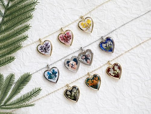 Handmade Dried Pressed Flower Heart Shaped Photo Locket Pendant Necklace - color: Silver, style: Fushia Flower on Pink