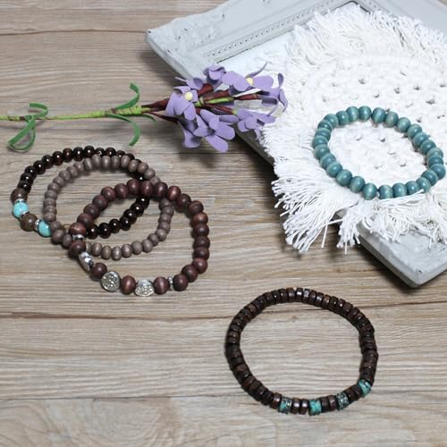 5pcs Wooden Bead Bracelet Set with Charm and Tassel for Men & Women - Stackable Boho Bracelets, Amber Color Scheme Adjustable Bracelet - color: Brown Cyan