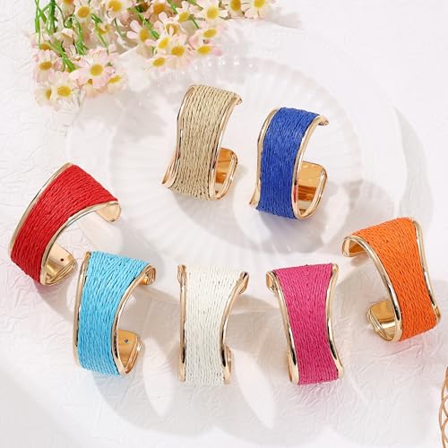 Raffia Colorful Chunky Cuff Bracelet For Women Statement Irregular Wave Vacation Tropical Beachy Spring Summer Wide Open Bangle Handmade Boho Costume Jewelry Accessories - color: Pink