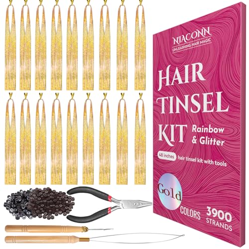 NIACONN Glitter Hair Tinsel Extensions Kit Gold with Tools and Beads, 48 Inch Sparkly Fairy Colorful Tensile Strands Shiny Hair Accessories for Women Girls Kids - color: Gold