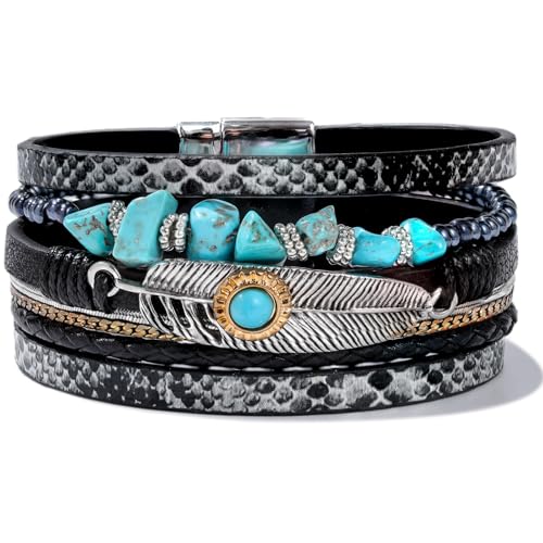FANCY SHINY Turquoise Boho Leather Bracelet Stackable Chunky Wrap Bangle Bracelets Cowboy Cowgirl Chic Western Jewelry Gift for Women - color: Black