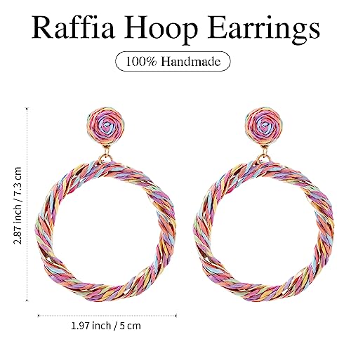 Boho Raffia Hoop Dangle Earrings Twisted - Statement Rattan Round Geometric Earrings For Summer Beach Vacation - color: COLORFUL