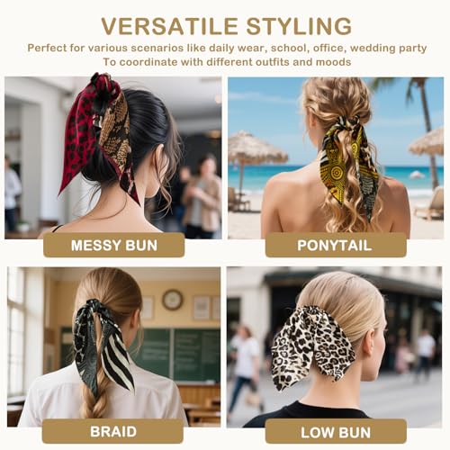 Boho Hair Scarf Scrunchies, 12” Floral Satin Bow Ties Long Bandana, French-Inspired Cheetah Ribbon Ponytail Holder Hair Accessories (Cheetah, 4 Pack) - color: Cheetah