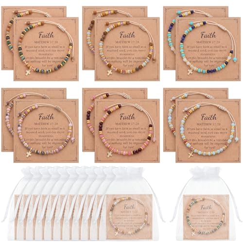 Kingdder 12 Set Christian Cross Bracelets for Women Bulk Adjustable Natural Stone Cross Beads Faith Bracelet Gifts for First Communion Confirmation Birthday Church Groups Gifts - style: Cord