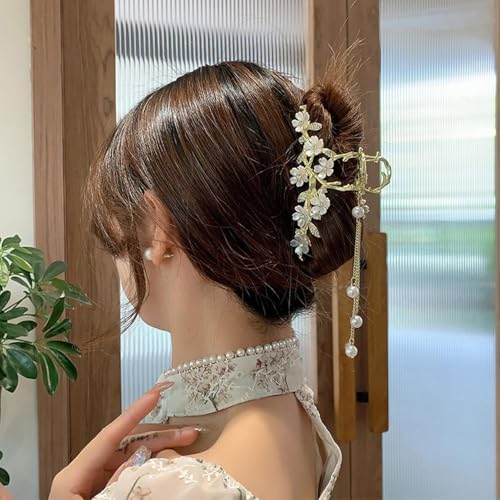 Jasmine Flower Claw Clips for Women Metal Non-Slip Claw Clip With Rhinestones Pearl Tassel Design Floral Hair Clips Cute Claw Clips for Thick Hair Claw Clips Flower for Women