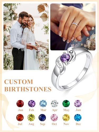 Custom4U Personalized Mothers Ring with 1-5 Birthstones Names Engraved 925 Sterling Silver/14K White Gold Plated Birthstone Rings for Women Promise Ring Birthday Jewelry Gifts for Mom Grandmother Wife - color: 1 Birthstone Ring (Engraved)
