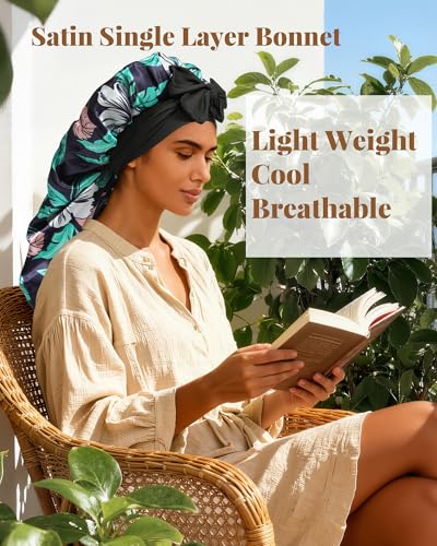 AWAYTR Long Satin Bonnet for Braids - Elastic Silk Hair Bonnets for Sleeping Night Cap Stretchy Tie Band for Women（Flower D） - color: Flower D