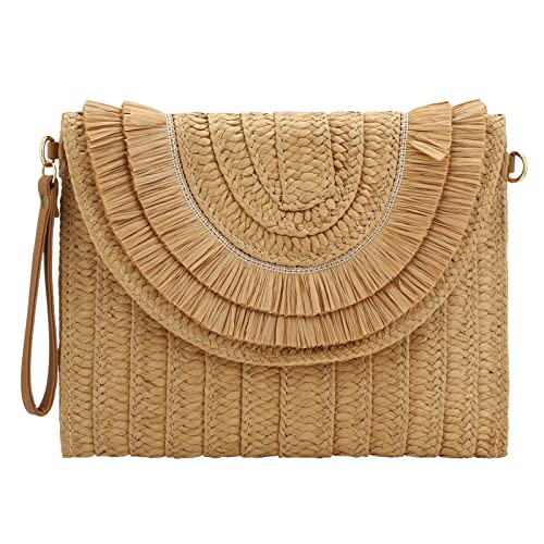 Gets Straw Clutch Purse for Women, Woven Beach Bag Summer Corssbody Purse Small Rattan Shoulder Bag for Travel | Hand-woven - color: Raffia Fringed Khaki