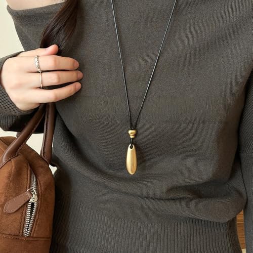 Long Gold Pendant Necklaces for Women Trendy Chunky Silver Big Pendant Statement Goth Black Leather Cord Rope Large Bean Necklace Boho Dangle Jewelry - color: Gold