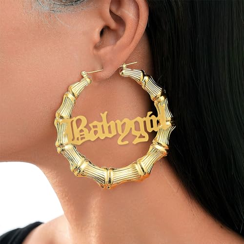 Bamboo Hoop Earrings, Large Hip Hop Bamboo Earrings for Women Silver Plated Statement Oversized Bamboos Hoop Earrings Set for 80s 90s Rapper Accessories Daily Wear Fashion Party - color: Letters, size: 90m
