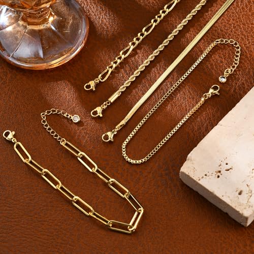 Gold Bracelets for Women, 14K Gold Plated Stackable Bracelet Stack Set Adjustable Charm Paperclip Chain Snake Link Layered Waterproof Jewelry Sets Gifts - style: Bracelets Set /1